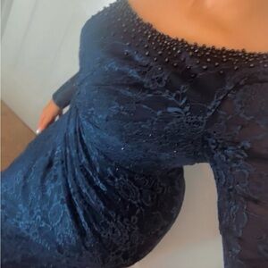 Mac Duggal Navy Beaded Lace Long Sleeve Dress